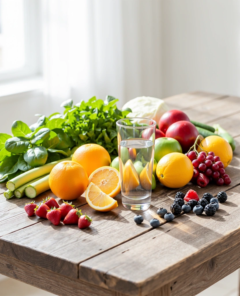 Ingredientes naturales y frescos sobre una mesa de madera